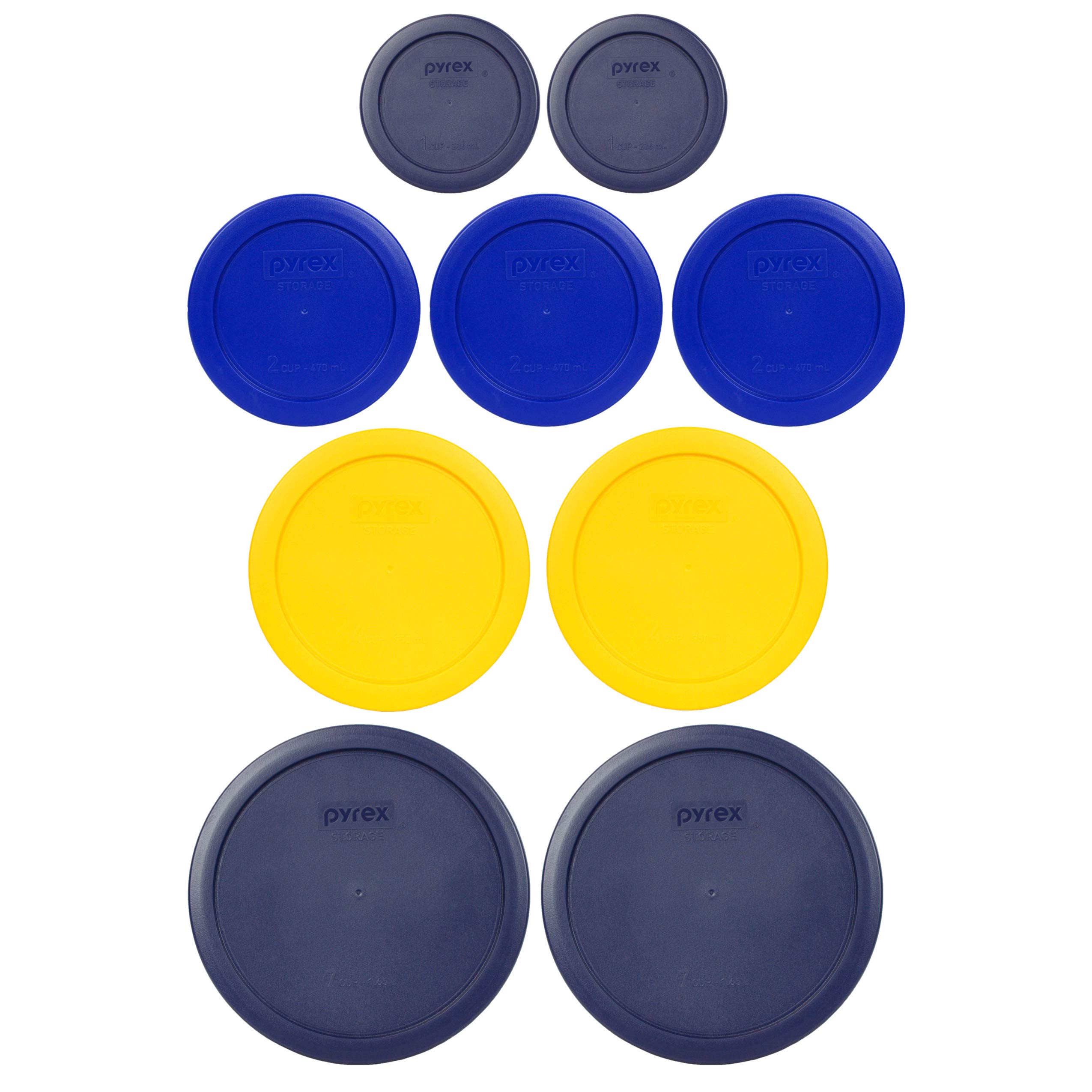 Pyrex (2) 7402-PC 6/7 Cup Blue (2) 7201-PC 4 Cup Meyer Yellow (3) 7200-PC 2 Cup Cadet Blue (2) 7202-PC 1 Cup Blue Replacement Food Storage Lids Made in the USA