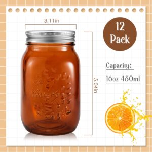 Tessco 12 Pieces 16 oz Amber Mason Jars with Lids Decorative Pint Canning Jars Regular Mouth Kitchen Canisters Glass Food Containers for Storage Pickling Preserving Fermenting, Christmas DIY Crafts