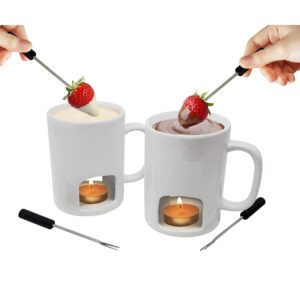 kovot personal fondue mugs set of 2 | ceramic mugs for chocolate or cheese | includes forks and tealights| double vented (white)