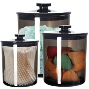 youngever black plastic apothecary jars, qtip holder, cotton swab holder, bathroom vanity organizer for cotton balls, cotton pads, qtips (3 sets)