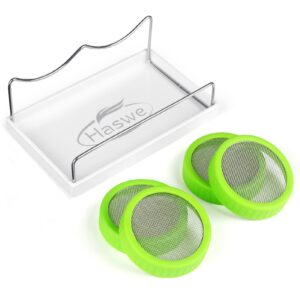 sprouting jar kit (jars not included) - 4 premium plastic sprout lids with 316 stainless steel screen for wide mouth mason jars, tray, sprouter stand - growing broccoli seeds, alfalfa and more