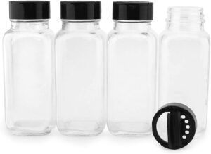 french square spice jars, spice shaker/pourer with lid (4 pack); 1-cup / 8 fluid ounce capacity, great for spices, herbs, seasonings and more