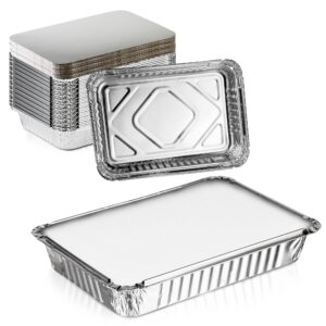 fit meal prep 50 pack 1.5 lb aluminum foil pans with lids, 8.75 x 6.25 x 1.5” take out food containers with cardboard cover for spill proof, disposable aluminum baking pan freezer oven safe