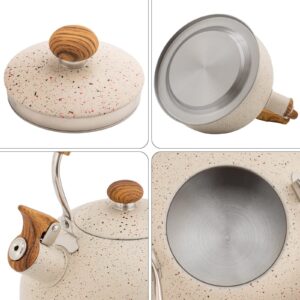 2.6 Quart/2.5 Liter Whistling Tea Kettle Stainless Steel Tea Pots for Stove Top Stylish Kettle With Wood Pattern Anti-slip Handle, White