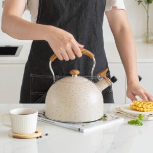 2.6 Quart/2.5 Liter Whistling Tea Kettle Stainless Steel Tea Pots for Stove Top Stylish Kettle With Wood Pattern Anti-slip Handle, White