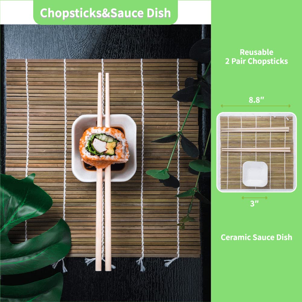 Cleanclue Bamboo Steamer Basket 10 inch and Sushi Roller Gift Set for Cooking - Asian Food(Korean, Japanese, Chinese - Bao Bun, Dim Sum, Sticky Rice) with Steam Ring - 2 Tier Dumpling Steamer Basket