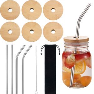6 pack bamboo lids mason jar lids with straw hole 70 mm regular mouth wood lids for mason jars with 4 pieces reusable stainless steel straws, cleaning brush and bag (simple style)