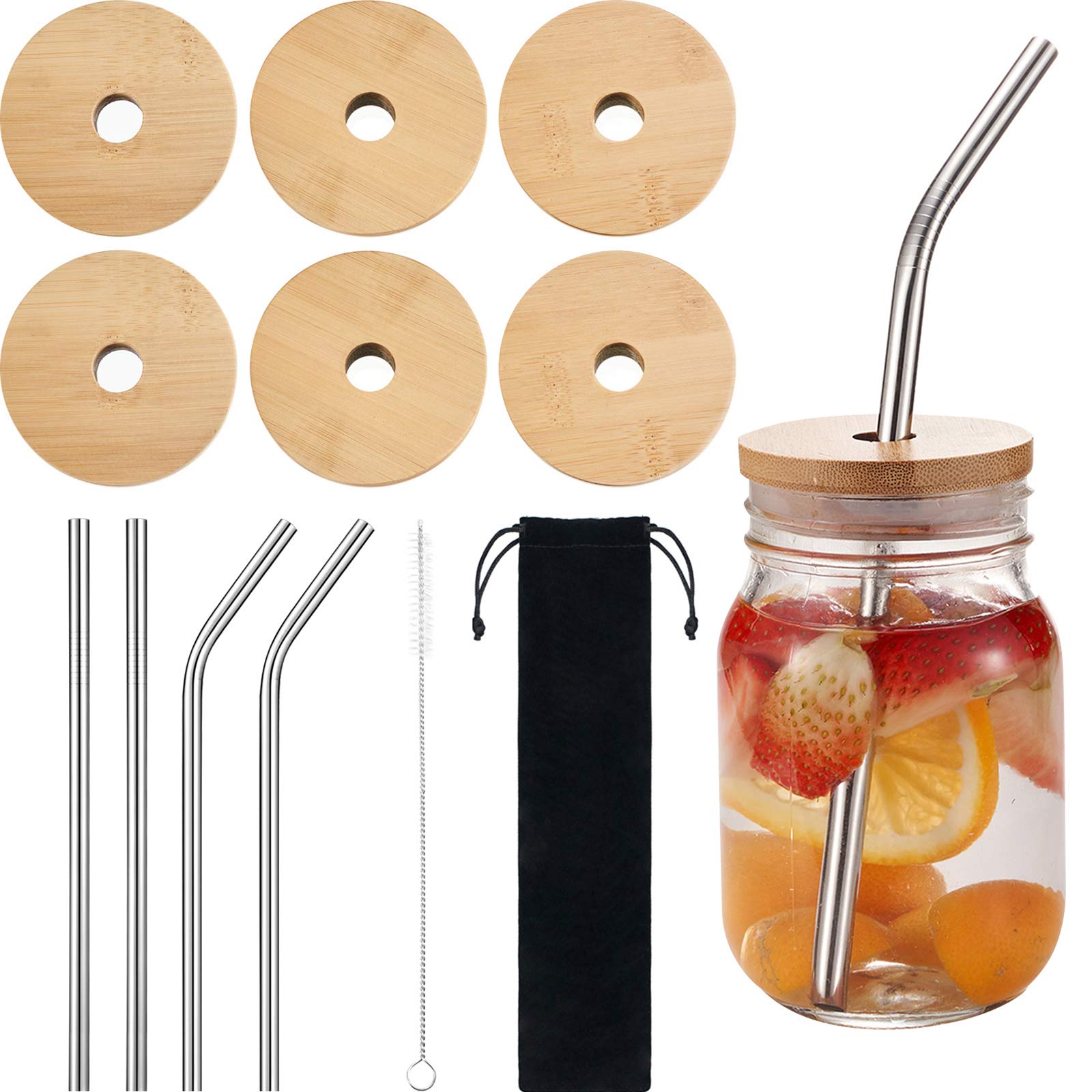 6 Pack Bamboo Lids Mason Jar Lids with Straw Hole 70 mm Regular Mouth Wood Lids for Mason Jars with 4 Pieces Reusable Stainless Steel Straws, Cleaning Brush and Bag (Simple Style)