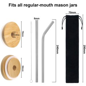 6 Pack Bamboo Lids Mason Jar Lids with Straw Hole 70 mm Regular Mouth Wood Lids for Mason Jars with 4 Pieces Reusable Stainless Steel Straws, Cleaning Brush and Bag (Simple Style)