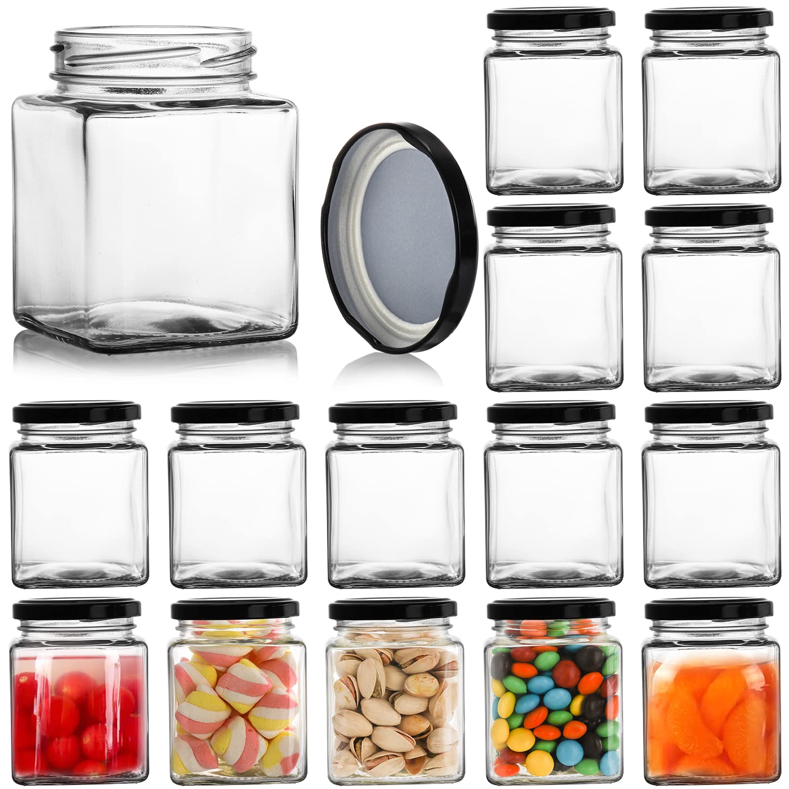 Jucoan 15 Pack Square Glass Jar with Black Airtight Lids, 10 oz Small Glass Mason Jar Canning Jars for Jam, Spices, Honey, Jelly, Baby Shower, Wedding Favor