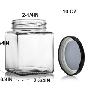 Jucoan 15 Pack Square Glass Jar with Black Airtight Lids, 10 oz Small Glass Mason Jar Canning Jars for Jam, Spices, Honey, Jelly, Baby Shower, Wedding Favor