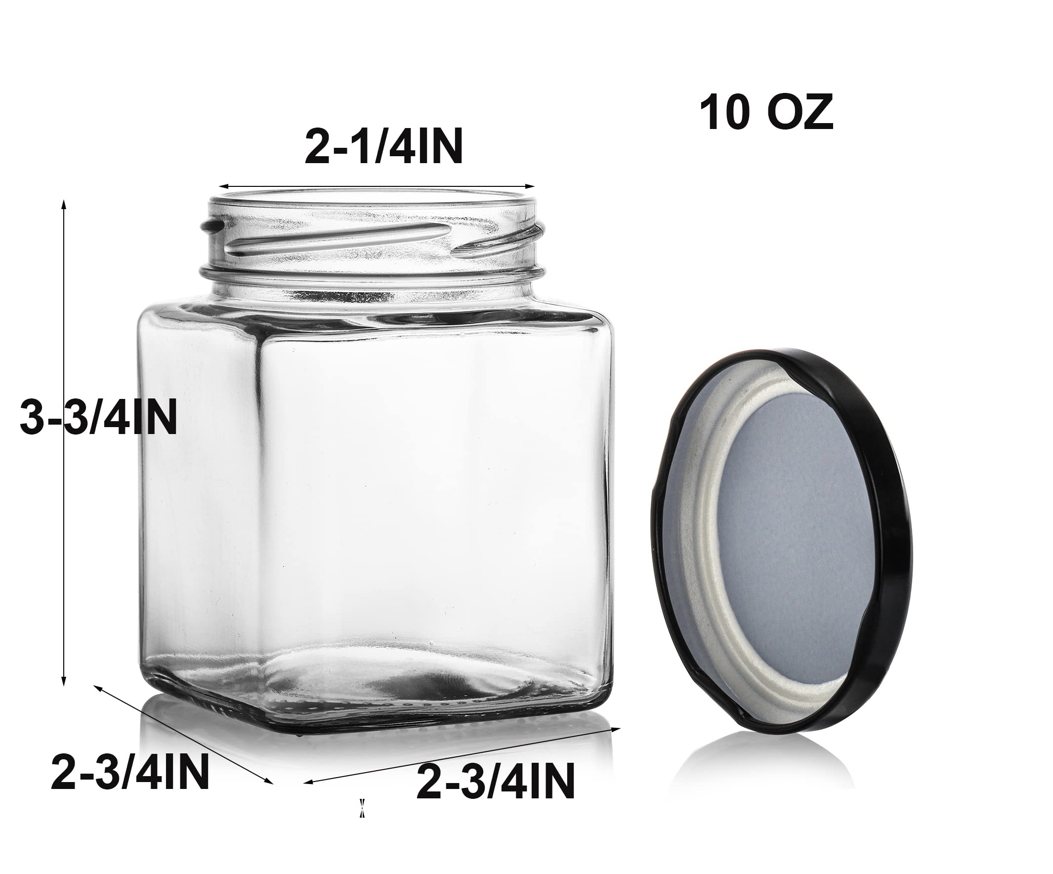 Jucoan 15 Pack Square Glass Jar with Black Airtight Lids, 10 oz Small Glass Mason Jar Canning Jars for Jam, Spices, Honey, Jelly, Baby Shower, Wedding Favor