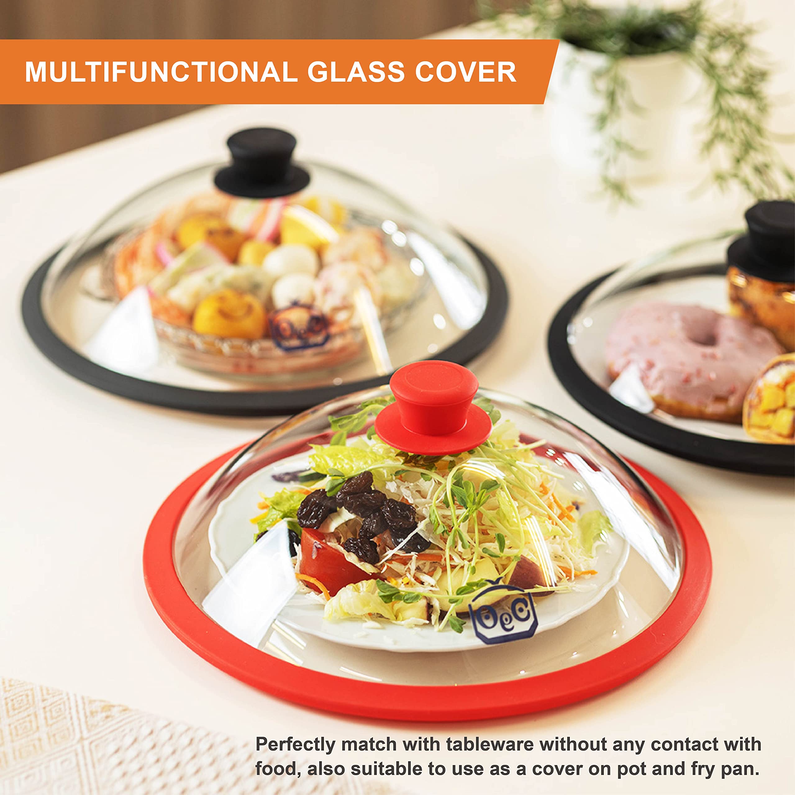 OEC Vented Splatter Guard Microwave Glass Cover with Easy-Grip Handle - 100% Food Grade Tempered Glass & BPA Free Silicone Rim. Compatible with Plates, Bowls and Meal Prep Containers, Dishwasher Safe