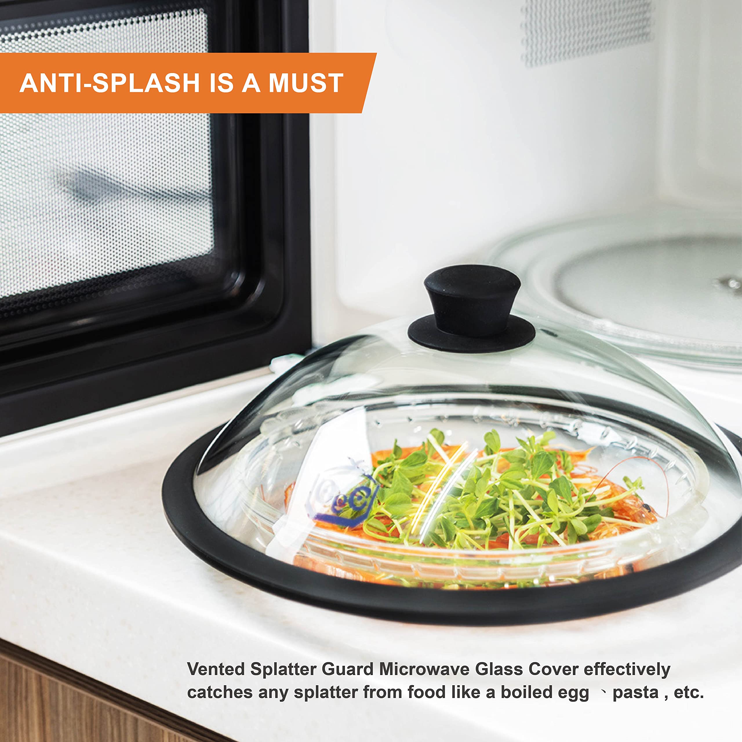 OEC Vented Splatter Guard Microwave Glass Cover with Easy-Grip Handle - 100% Food Grade Tempered Glass & BPA Free Silicone Rim. Compatible with Plates, Bowls and Meal Prep Containers, Dishwasher Safe