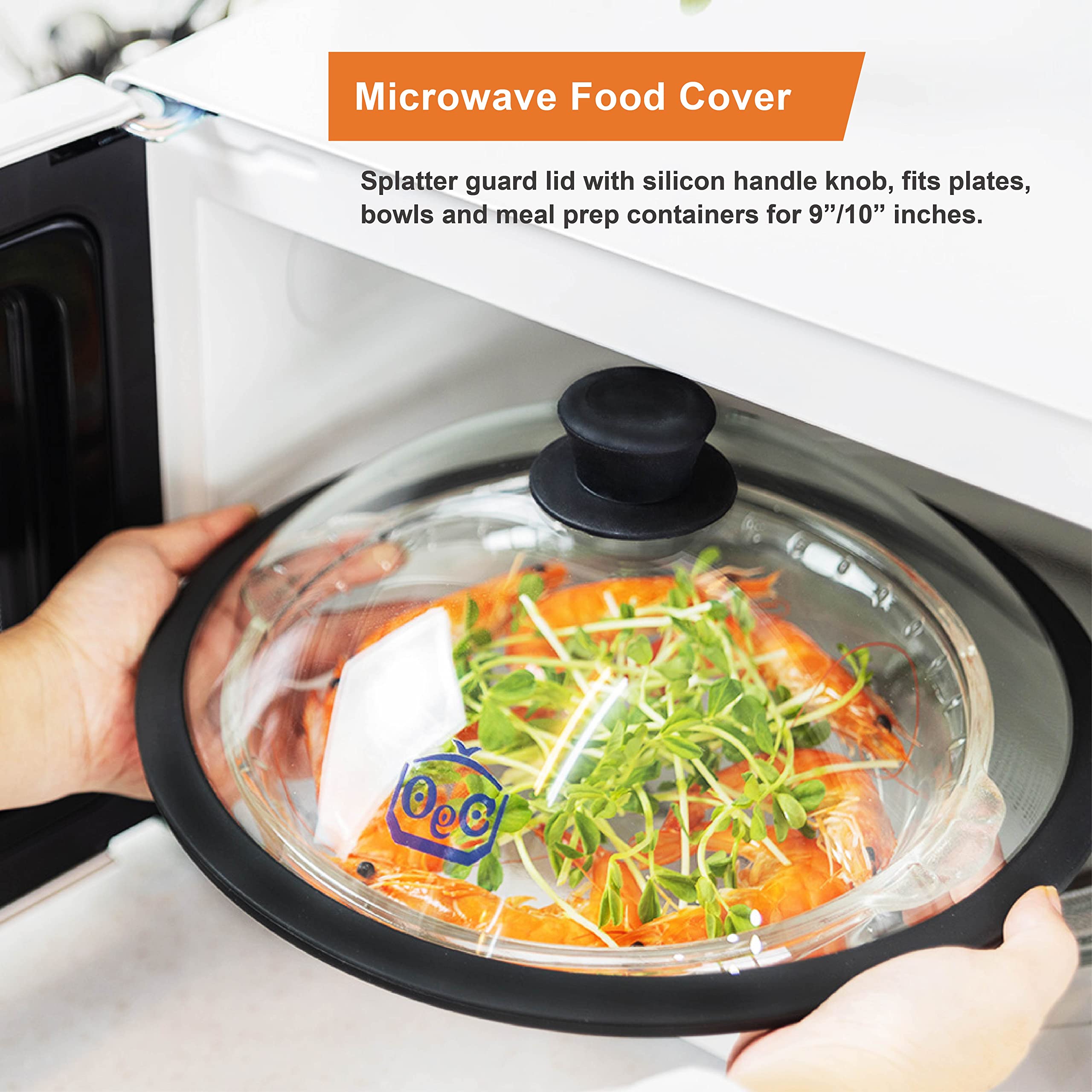 OEC Vented Splatter Guard Microwave Glass Cover with Easy-Grip Handle - 100% Food Grade Tempered Glass & BPA Free Silicone Rim. Compatible with Plates, Bowls and Meal Prep Containers, Dishwasher Safe