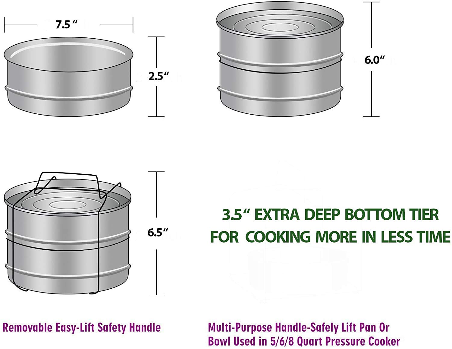 ecozoi Instant Pot Stackable Insert Pans for 6 & 8 Quart, 3 Tier Steamer Insert Pans for Instant Pot Pressure Cooker, Pot in Pot for Baking, Steaming & Casseroles, 2 Interchangeable Lids and Sling