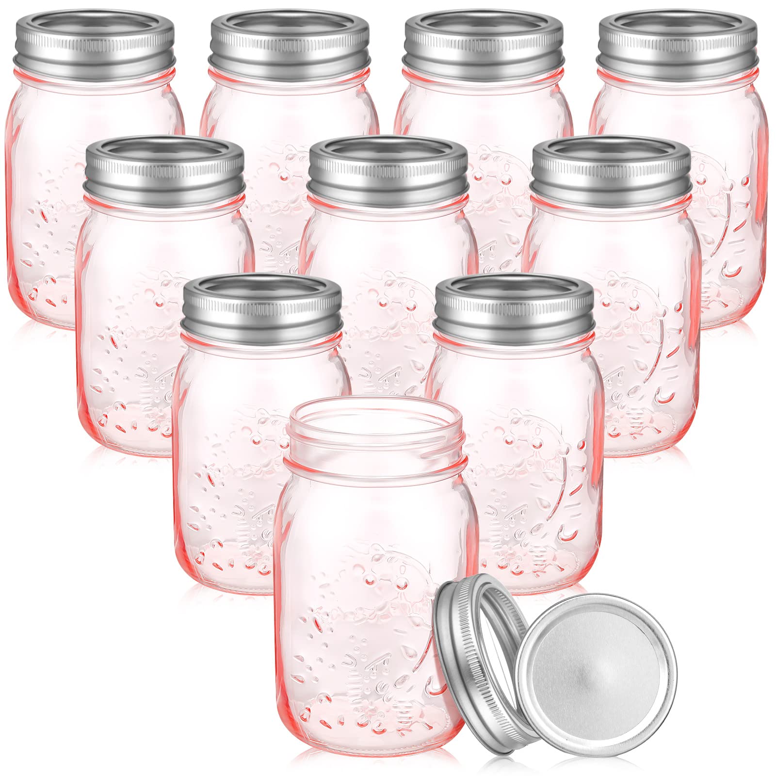 Mimorou 10 Pack 16 oz Pink Mason Canning Jars with Lids Regular Mouth Pint Vintage Colored Ball Cans for Preserving Honey Jelly Sauces Spice DIY Jars, Pink, Silver