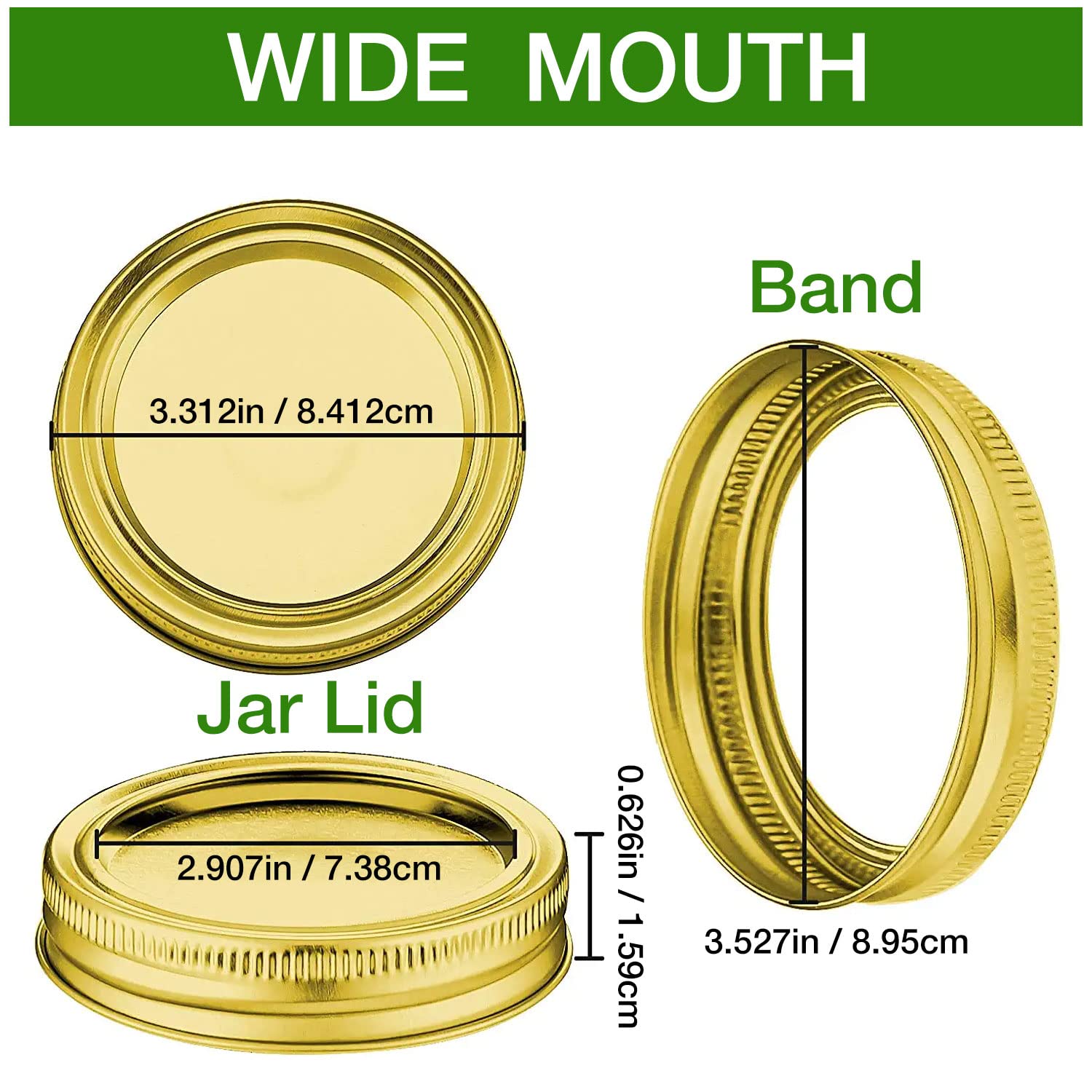 GOLDEN HARVEST 24 Pieces Canning Jar Lid and Ring WIDE MOUTH Jar Ring Bands Set Split Type LidsLeak Proof and Secure Canning Jar Caps (Gold, 86 mm)