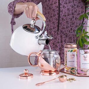 Pinky Up Presley Tea Kettle, Stovetop Stainless Steel Kettle, Whistling, Tea Accessorie gifts, Fast Boil Water Kettle, Wooden Handle, 70 oz, Gold