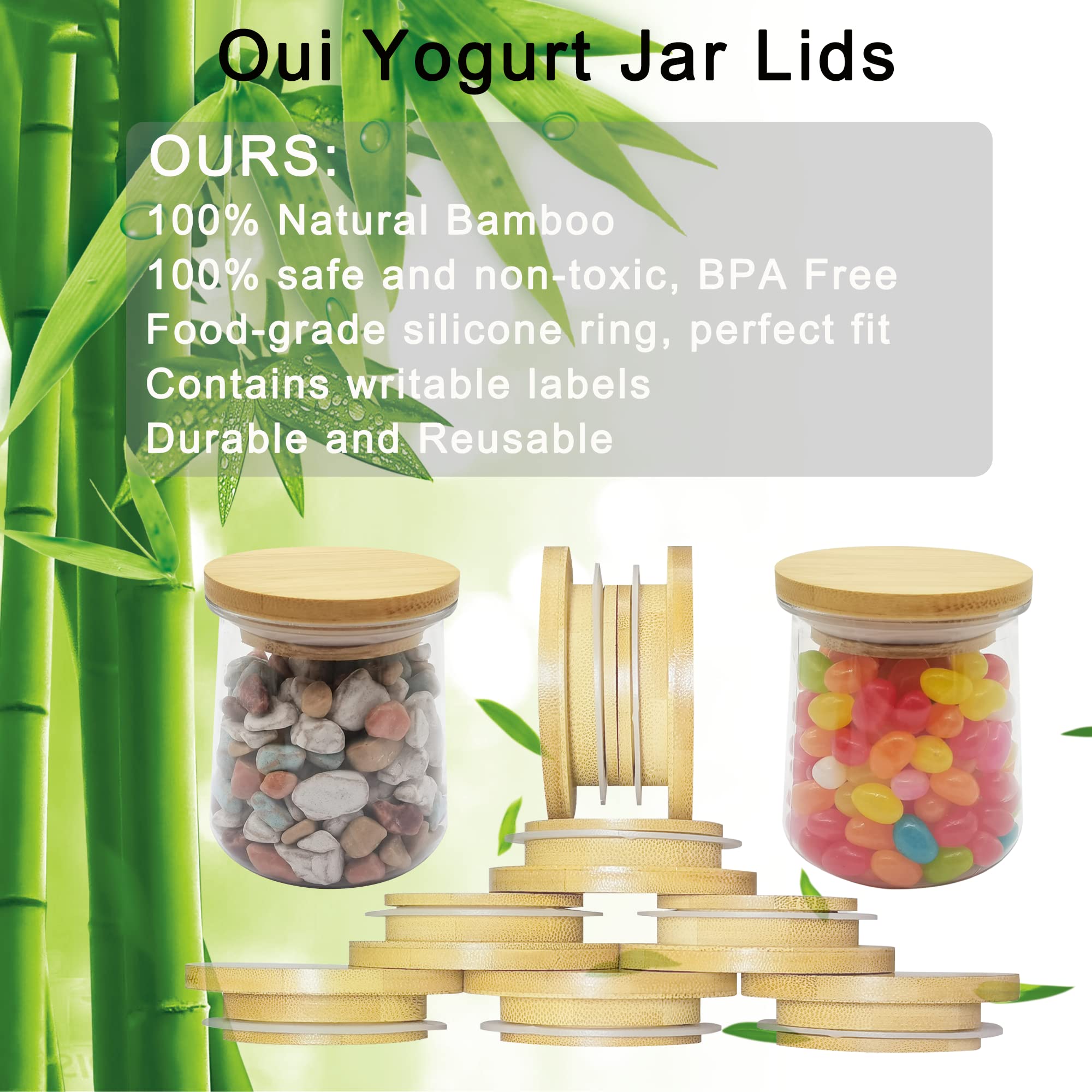 Oui Yogurt Jar Lids - 8 Pack Oui Yogurt Bamboo Jar Lids Set, Reusable Oui Lids Natural Bamboo Lids for Oui Yogurt Jars with Labels & Silicone Sealing Rings, Perfect Sealing