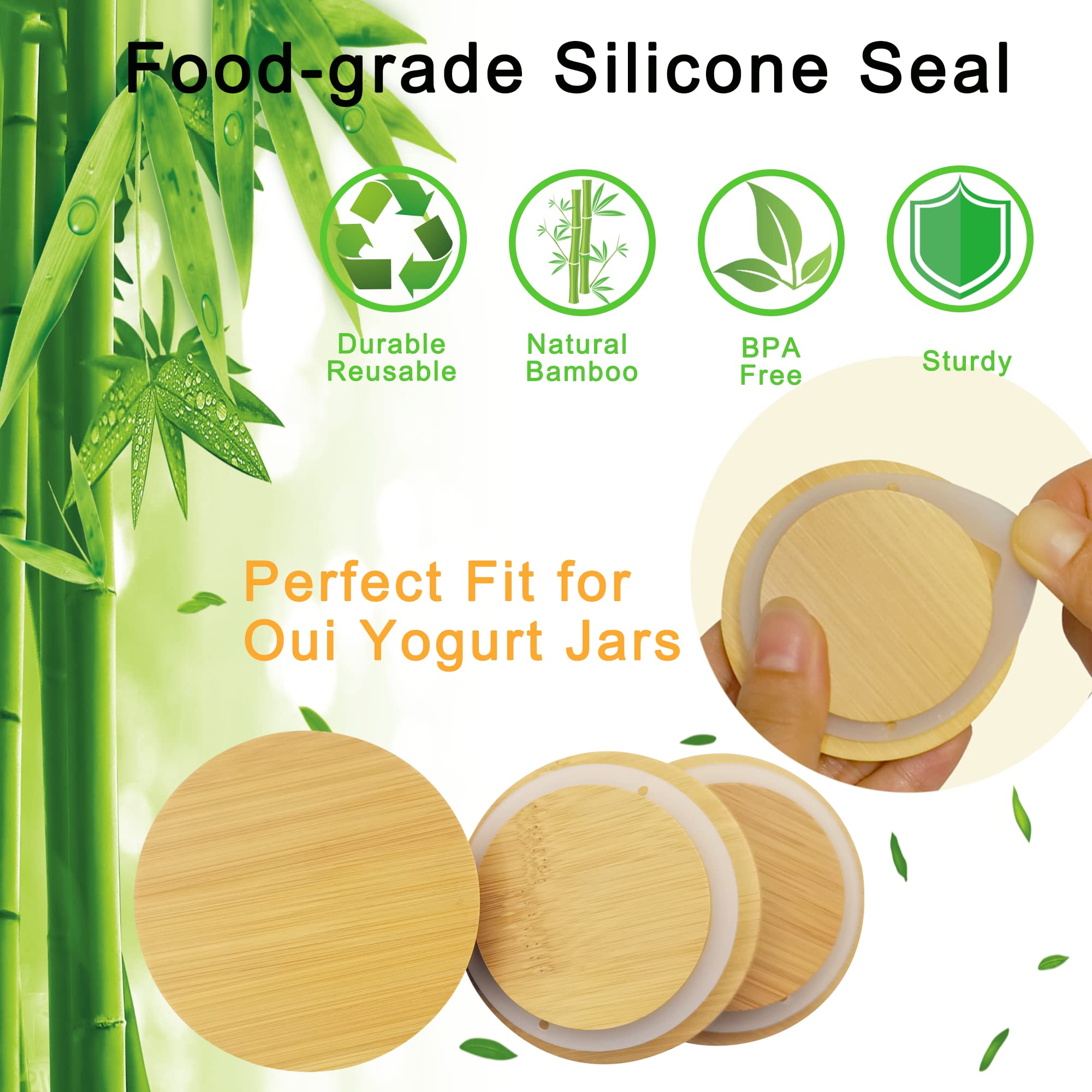 Oui Yogurt Jar Lids - 8 Pack Oui Yogurt Bamboo Jar Lids Set, Reusable Oui Lids Natural Bamboo Lids for Oui Yogurt Jars with Labels & Silicone Sealing Rings, Perfect Sealing