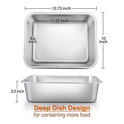 Lasagna Pan Set of 2, E-far Deep Stainless Steel Baking Pans, 12.75 x10 x3.2 Inches Rectangular Metal Roasting Baking Dish Bakeware for Oven, Non-Toxic & Heavy Duty, Dishwasher Safe