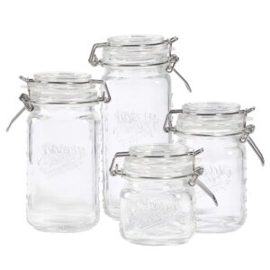 mason craft & more airtight kitchen food storage clear glass clamp jars, 4 piece mini clamp preserving jar set (7oz, 12oz, 17oz, and 22oz), (ttu-v1523)