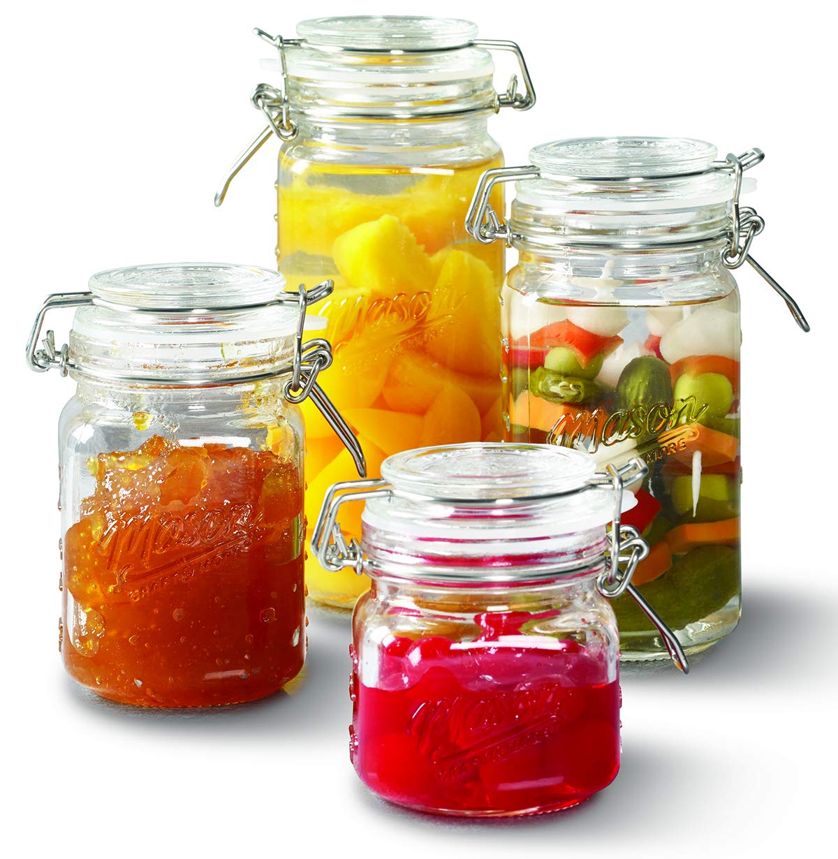 Mason Craft & More Airtight Kitchen Food Storage Clear Glass Clamp Jars, 4 Piece Mini Clamp Preserving Jar Set (7oz, 12oz, 17oz, and 22oz), (TTU-V1523)