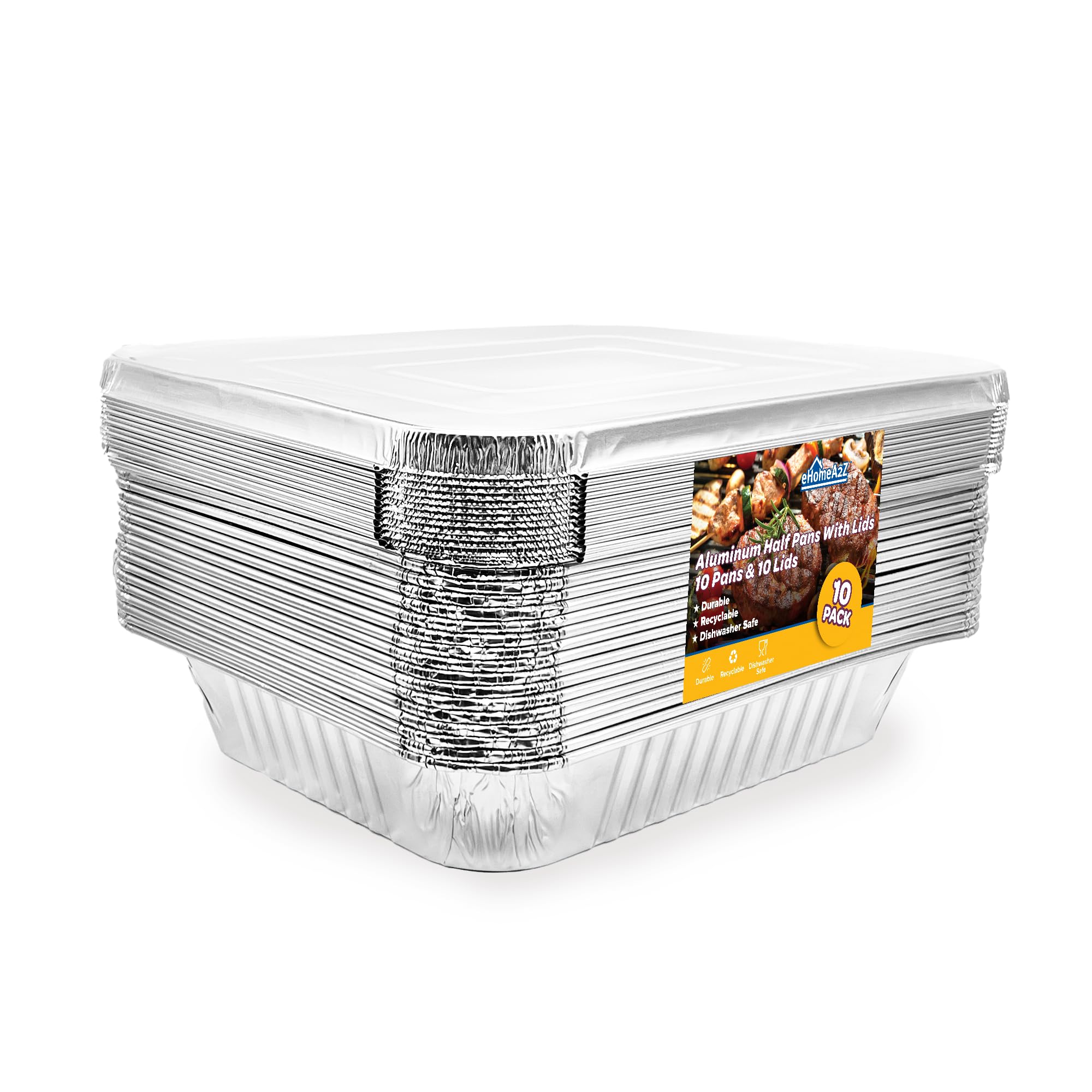 EHOMEA2Z Aluminum Foil Pans With Lids Half Size (10 Pack) 10 Lids and 10 Pans, 9x13 Prepping, Roasting, Food, Storing, Heating, Cooking, Chafers, Catering, Buffet Supplies