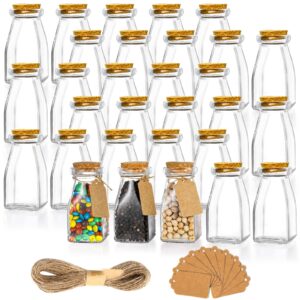 yarlung 30 pack glass favor jars with cork lids, clear small candy jars 4 oz square decorative bottles for valentine's day gift, party favor, brown labels and strings