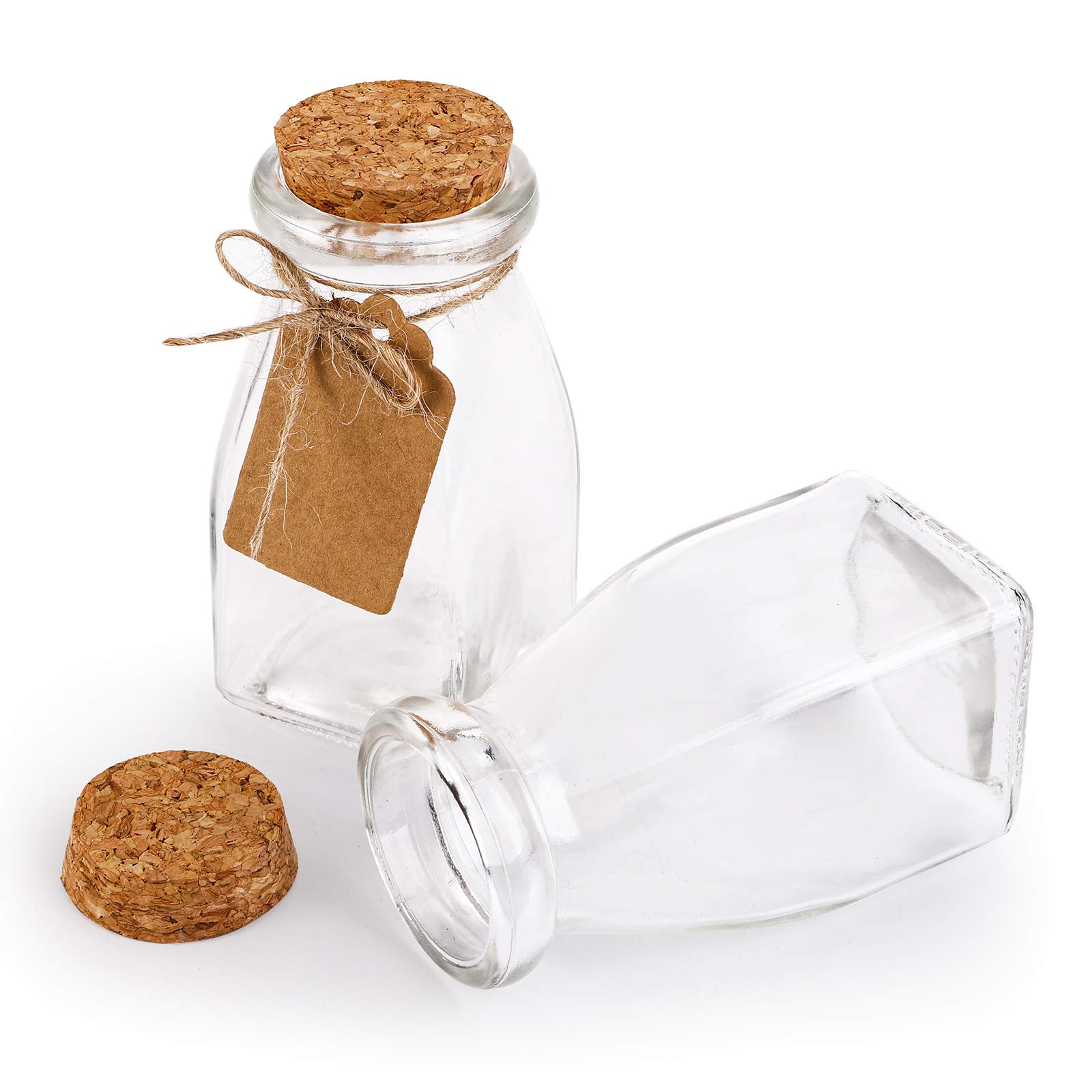 yarlung 30 Pack Glass Favor Jars with Cork Lids, Clear Small Candy Jars 4 Oz Square Decorative Bottles for Valentine's Day Gift, Party Favor, Brown Labels and Strings