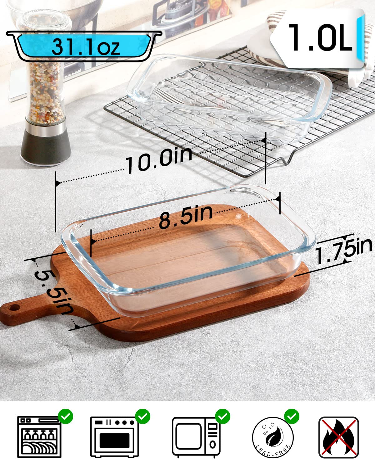 Mini-1 Quart Glass Baking Dish for Oven, 2 Pcs Single Serving Glass Pan for Cooking Oblong Casserole Dish Rectangular Baking Pan Glass Bakeware