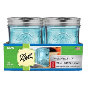 ball regular mouth elite collection half pint mason jars with lids and bands, 8-ounces, blue (4-pack)