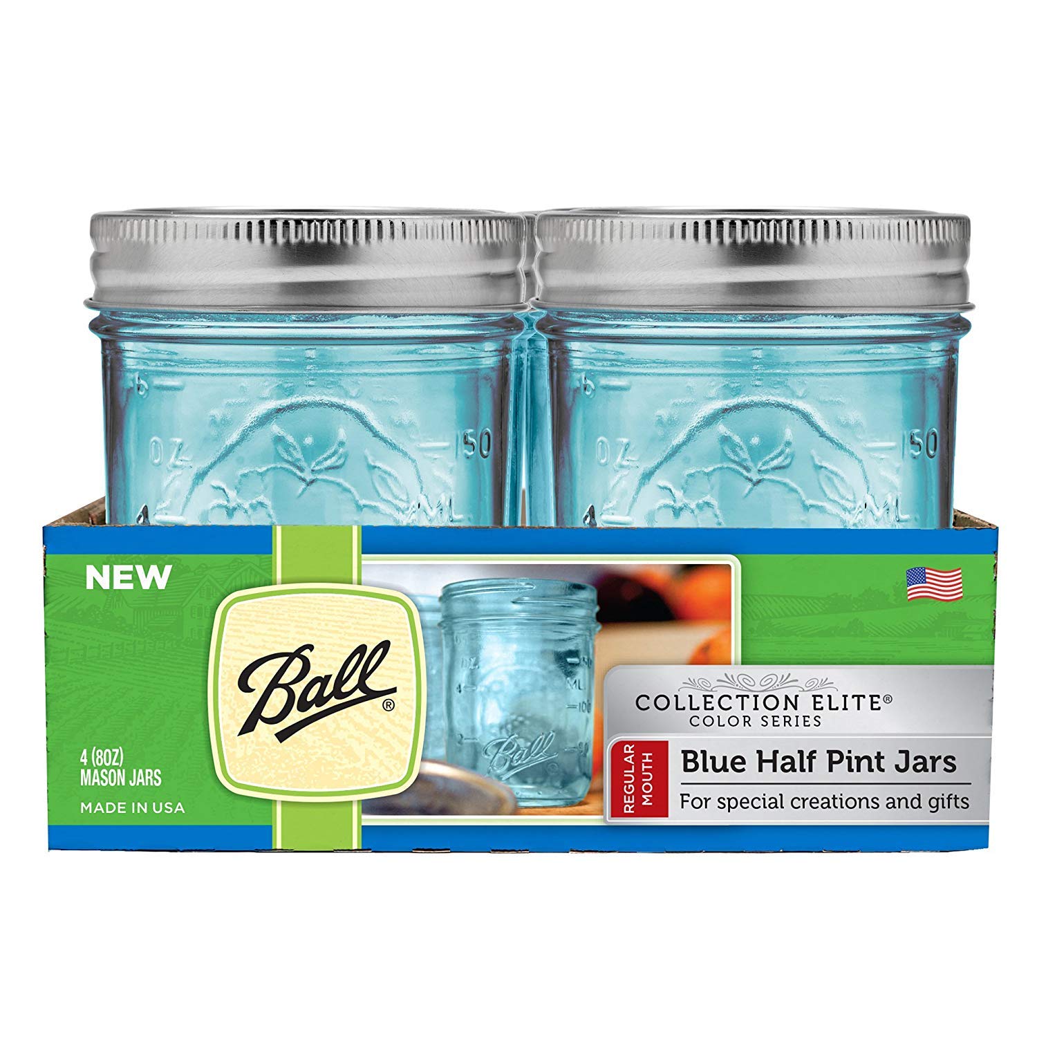 Ball Regular Mouth Elite Collection Half Pint Mason Jars with Lids and Bands, 8-Ounces, Blue (4-Pack)