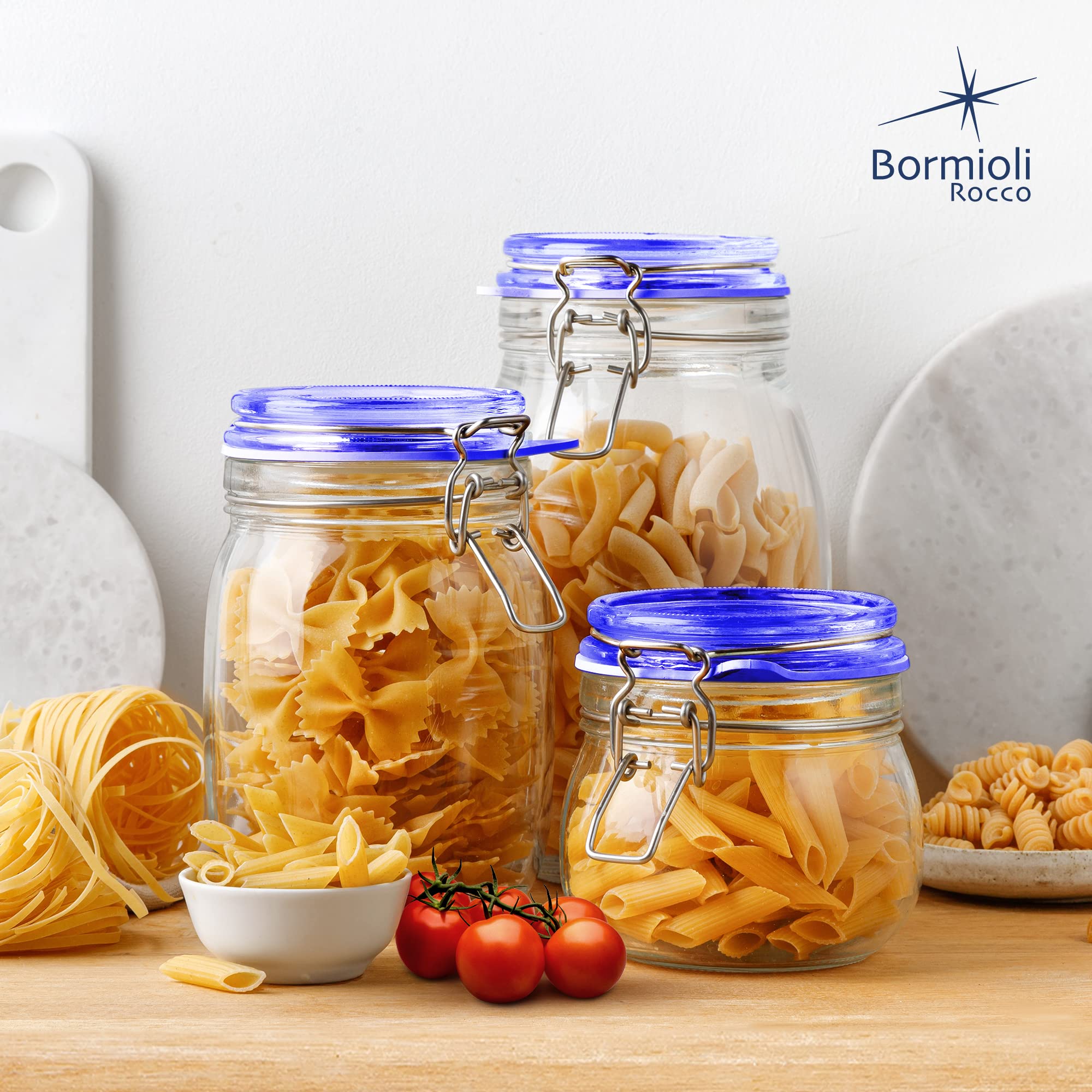 Bormioli Rocco Fido Collection, 2 Pack, 17 Oz. Food Storage Glass Jars, Airtight Rubber Seal & Glass Lid, With Stainless Wire Clamp, Made In Italy.