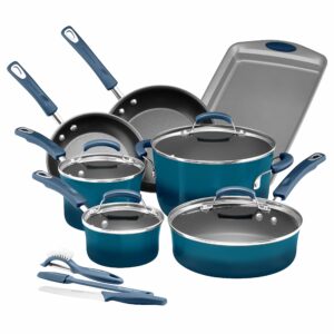 rachael ray brights nonstick cookware set / pots and pans set - 14 piece, marine blue