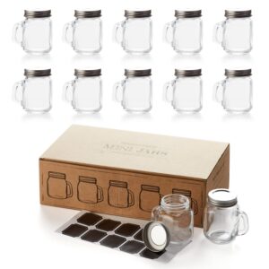 hayley cherie 2.5 oz glass mason jars with handles and metal lids, 10 pack, air-tight, small favor mugs with chalkboard labels for drinks, shots, candy, parties, weddings, gifts