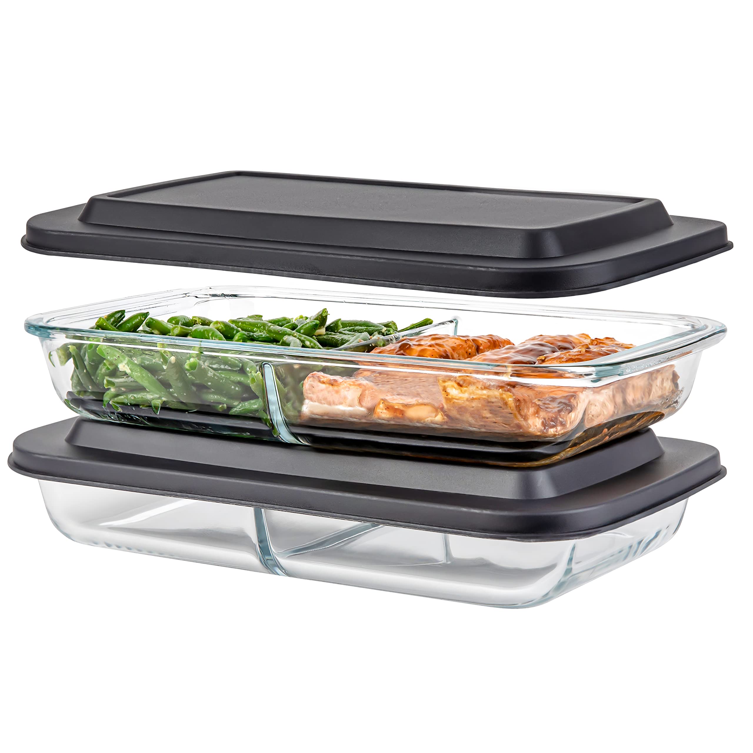 Divided Glass Casserole Baking Dish, Rectangular Bakeware Set 2.3 Qt Each, Oven to Table Clear Glass Lasagna Pan with Divider-2 Pack