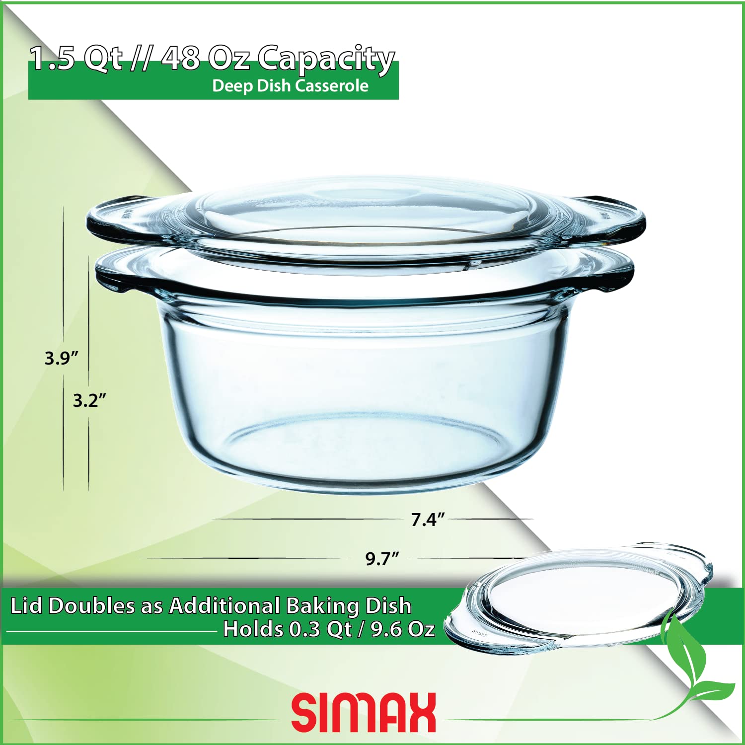 Simax Casserole Dish with Lid, Glass Casserole Dish, Holds 48 Oz (1.5 Quarts), Oven to Table Serving Dish, Microwave, Dishwasher, and Oven Safe Cookware