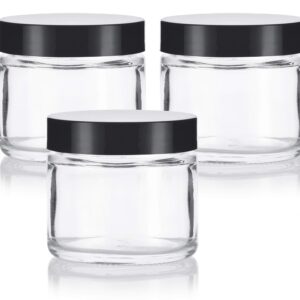 JUVITUS Clear Thick Glass Straight Sided Jar - 2 oz / 60 ml (3 pack) Airtight Smell Proof BPA Free Lids