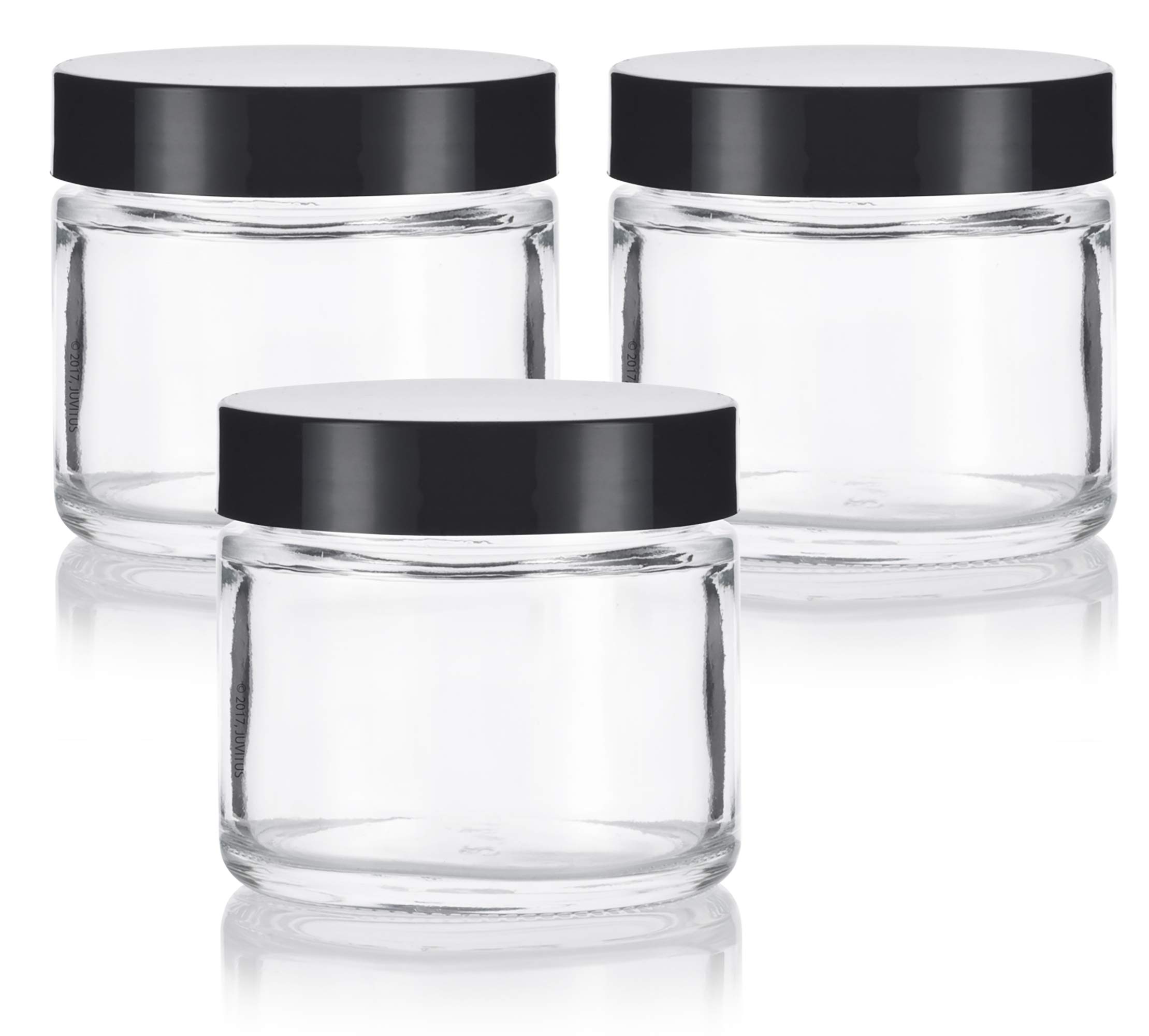 JUVITUS Clear Thick Glass Straight Sided Jar - 2 oz / 60 ml (3 pack) Airtight Smell Proof BPA Free Lids