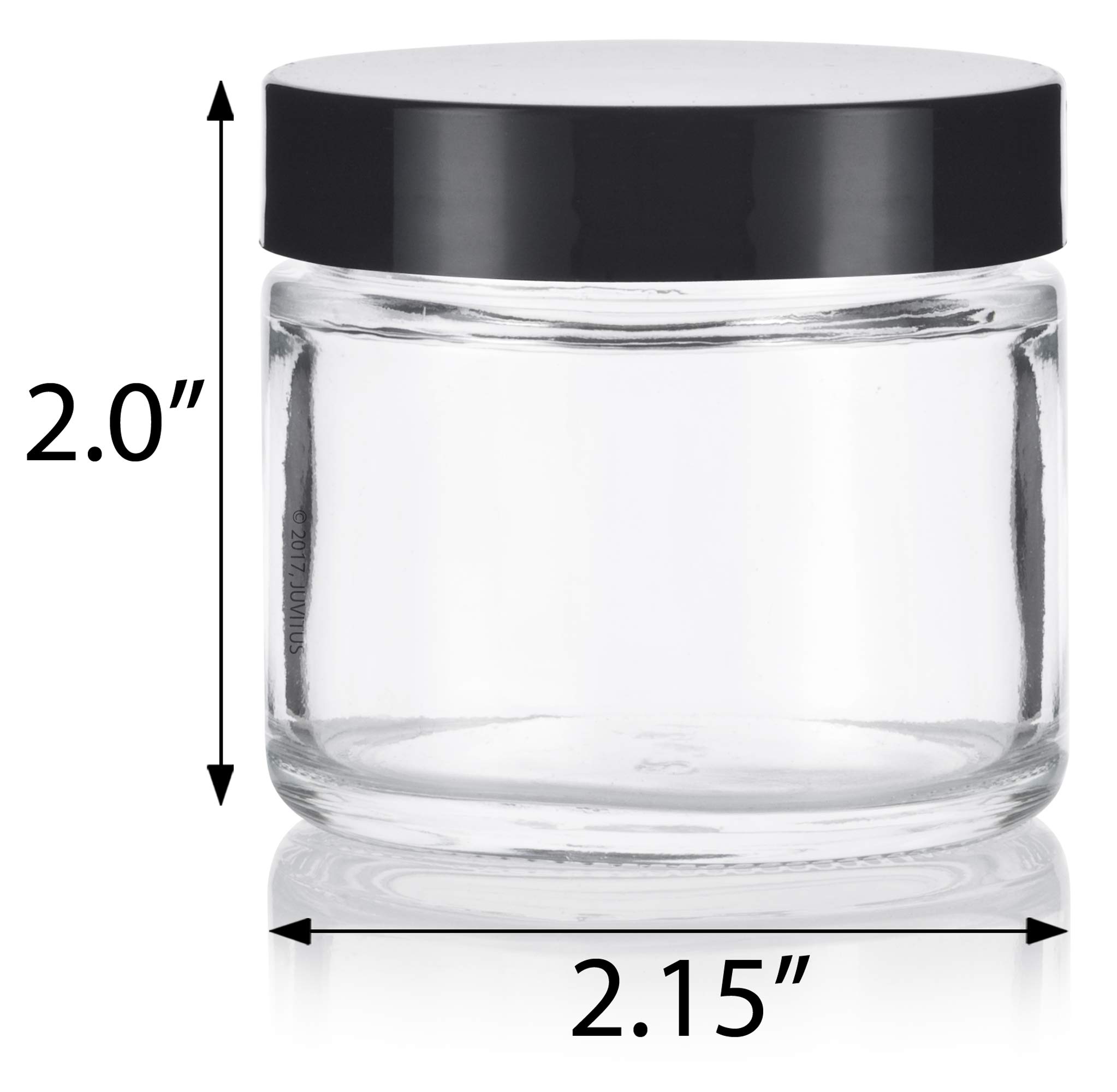 JUVITUS Clear Thick Glass Straight Sided Jar - 2 oz / 60 ml (3 pack) Airtight Smell Proof BPA Free Lids