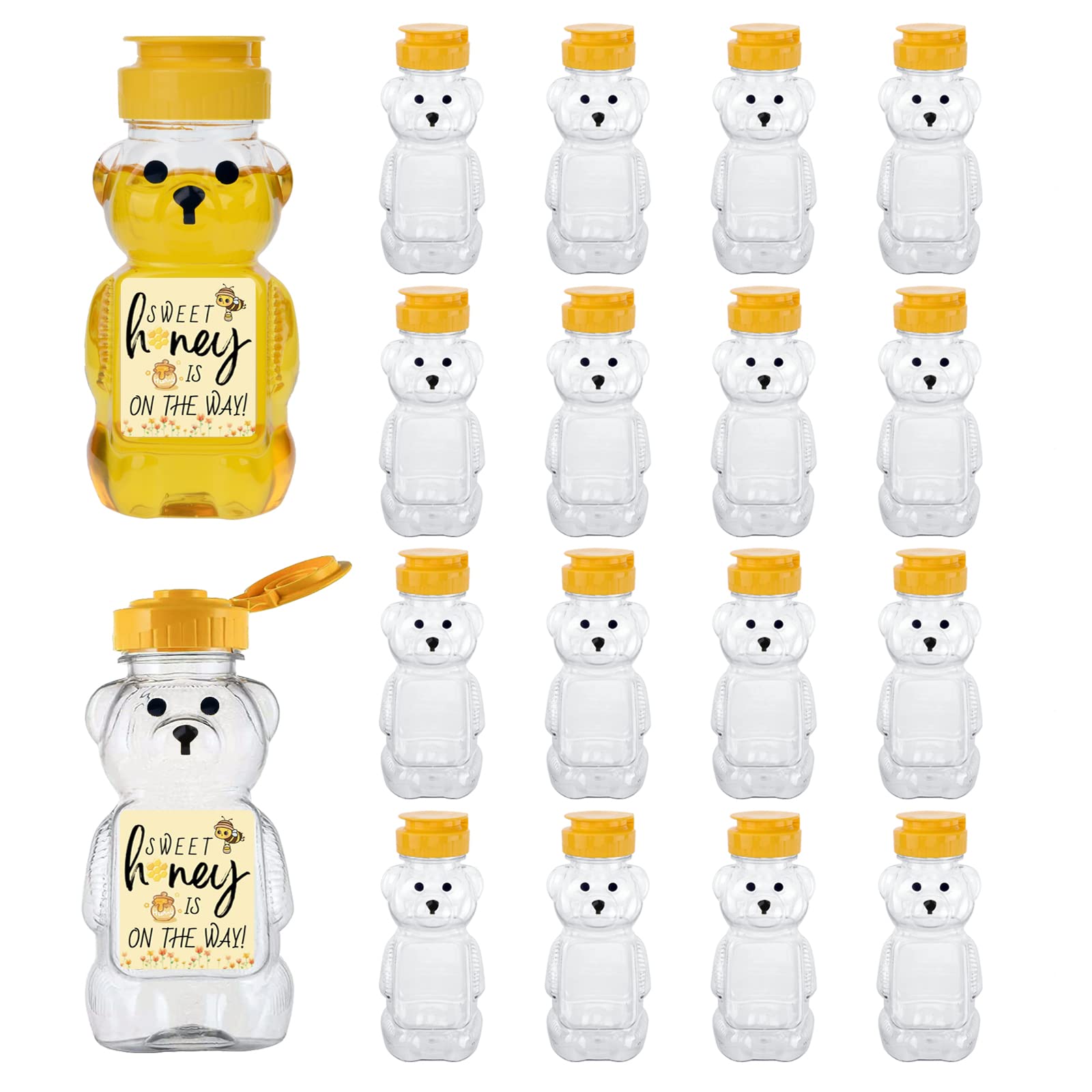 MOLADRI 18 Pack Plastic Bear Honey Bottle Jars, Empty 5 Fluid Oz Honey Squeeze Container with Flip-lid, Reusable Mini Bear Shaped Juice Bottles for Party (150 ml)