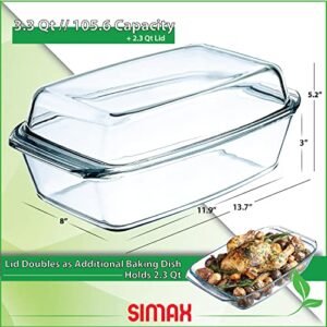 Simax Large Glass Casserole Dish, Oven Safe Cookware With Lid, Oblong Covered Glass Dish For Baking, Serving, Cooking, Microwave and Dishwasher Safe Bakeware, 3 Quart Capacity