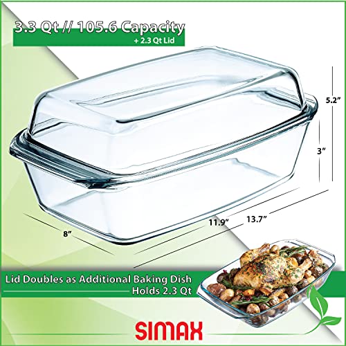 Simax Large Glass Casserole Dish, Oven Safe Cookware With Lid, Oblong Covered Glass Dish For Baking, Serving, Cooking, Microwave and Dishwasher Safe Bakeware, 3 Quart Capacity