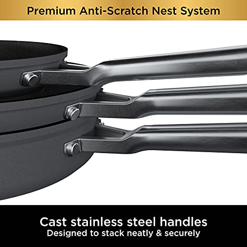 Ninja C53300 Foodi NeverStick Premium 3-Piece Cookware Set with Glass Lid, Anti-Scratch Nest System, Hard-Anodized, Nonstick, Durable & Oven Safe to 500°F, Slate Grey