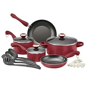 paula deen signature dishwasher safe nonstick cookware pots and pans set, 17 piece, red