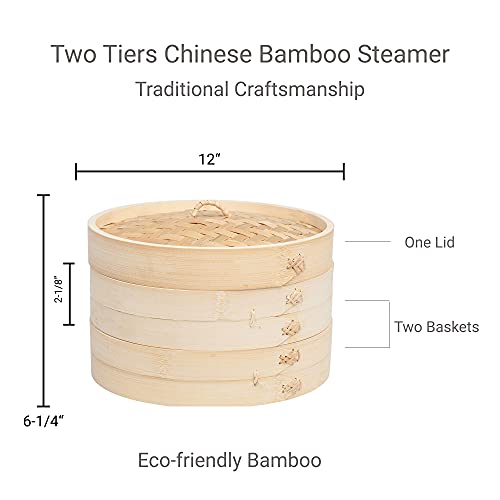 JapanBargain 2224, Large Chinese Bamboo Steamer Steaming Basket for Vegetable Seafood Dim Sum Dumpling Bun Egg , 12-inch