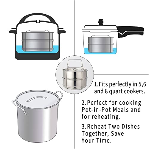 Stackable Steamer Insert Pans- Instant Pot Accessories 6 Qt-2 Silicone handle & Interchangeable Lids–Pressure Cooker Accessories- Pot in Pot for Baking,Lasagna,food steamer,Reheat Multiple Dishes