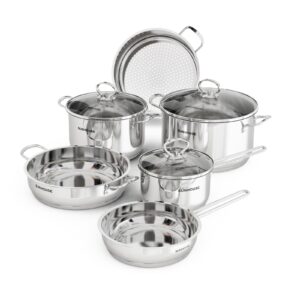 sunhouse - stainless steel cookware set with pfoa-free, 18/10 stainless steel pots and pans set - tasty cookware set including saucepan, 2 stock pots, steamer and 2 frying pans (9-pieces cookware set)
